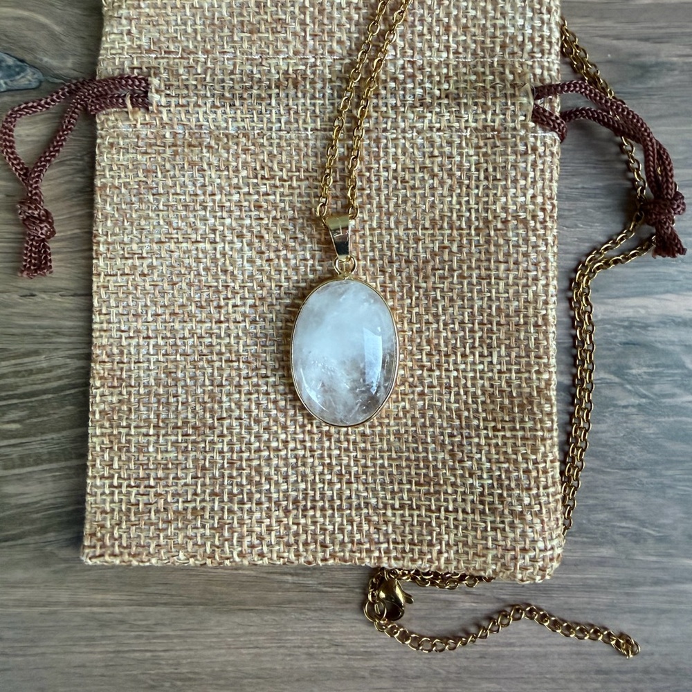 Clear Quartz Necklace Clear Quartz Pendant wit Gold plated Stainless Steel Chain